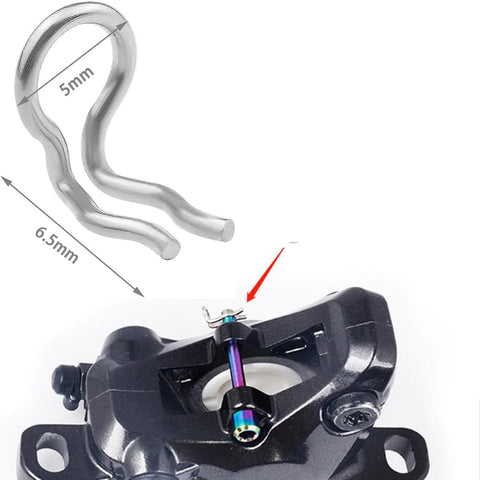 Six Pack Caliper Cotter Pin Set For Bicycle Disc Brakes Replacement Clips Snap Rings Springs Stainless Steel Durable Fit Shimano Zee XT SLX XTR Formula Mega Brakes Pads Axle Bolts, close-up of pin with measurements next to black brake caliper.