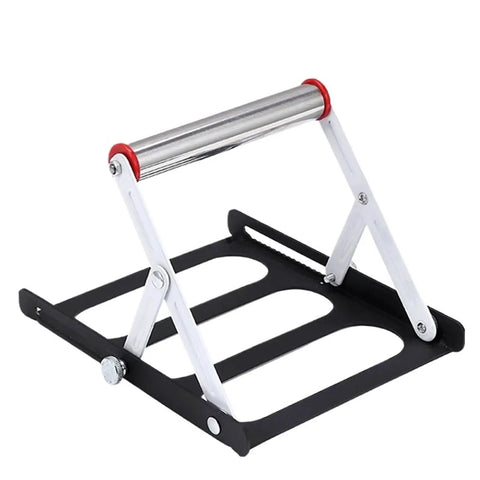 Heavy Duty Multi Function Cutting Machine Feed Rack Featuring No Sweat Height Adjustments, black and silver, adjustable support design.