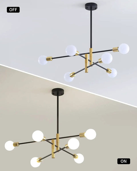 Sputnik Style Black And Gold Six Light Chandelier for Dining Room, shown off and on, mid century industrial look.