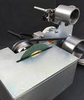 Heavy Duty 750W Brushless Belt Grinder A Real Garage Workhorse Built Tough In Rock Solid Steel Frame Forward Reverse Toggle Versatile Benchtop Sander And Polishing Kit showing metal frame and grinding belt.
