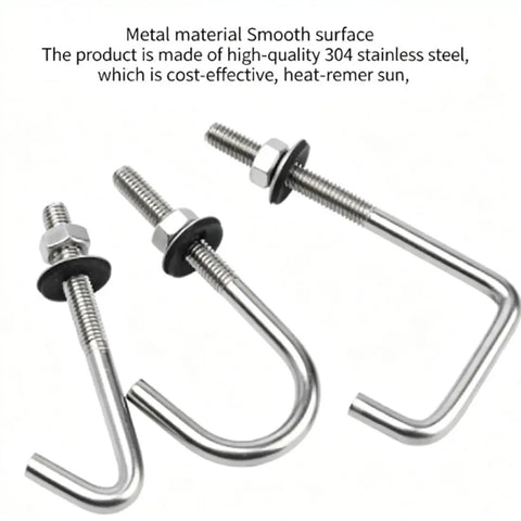 J-Bolt Kit 304 Stainless Steel 5 Pack With Nuts And Washers M6 Sizes shown with smooth metal surface and nuts