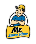 Cartoon logo of Mr. Snow Plow featuring a smiling man in a yellow cap and blue shirt with arms crossed over a yellow banner.