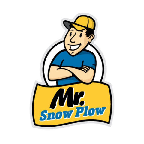 Cartoon logo of Mr. Snow Plow featuring a smiling man in a yellow cap and blue shirt with arms crossed over a yellow banner.