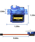 Blue SG90 micro servo motor (9g) with white top knob, mounting tabs, and white servo arm; 3-wire lead