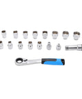 17 Piece Pass Through Socket Set With 72 Tooth Ratchet Wrench Crafted From Tough Chrome Vanadium Steel To Quickly Clear Threaded Rods And Long Bolts Without Breaking A Sweat, displayed in a flat layout.