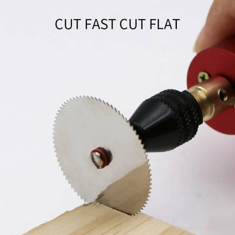 11 Piece Mini HSS Circular Saw Blade Set For Rotary Tools with Mandrel in use on wood, showcasing stainless steel cutting disc.