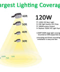 LED Barn Light 120W 18000 Lumens Daylight 5000K No Brainer Dusk to Dawn Photocell showing light coverage at 30ft, 40ft, 50ft, 60ft