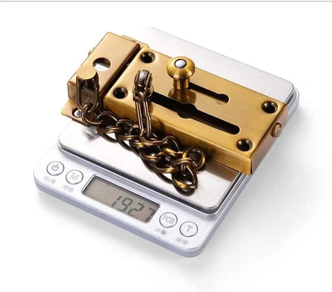 Rock Solid Door Security Chain Snap Lock Bully Proof Stainless Steel Anti Theft Deadbolt weighs 19.27 ounces on digital scale.