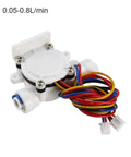 Compact One Quarter Inch Quick Connect Hall Effect Water Flow Sensor Switch Flowmeter For DC Five Volts, 0.05 To 0.8 Liters Per Minute, Waterproof, Slick Plug And Play, Three Wire Pulse Output Red Black Yellow, Stainless Steel Shaft showing side view with connectors.