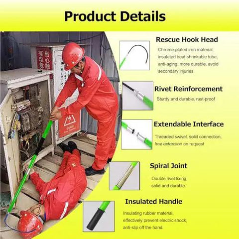 Top Shelf Fiberglass Insulated Rescue Hook For High Voltage Electricians No Nonsense Life Saving Pole With Telescopic Shaft For Cable Line Maintenance And Tower Work details, showing reinforced rescue hook head and insulated handle.