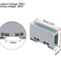 One In Six Out DIN Rail Terminal Block with clear protective cover, dimensions marked, for easy installation on 35mm rail.