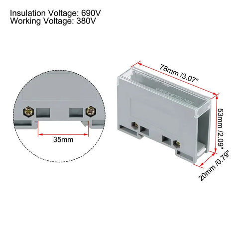 One In Six Out DIN Rail Terminal Block with clear protective cover, dimensions marked, for easy installation on 35mm rail.