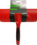 Nine Inch Paint Roller With Integrated Anti Splatter Shield And Heavy Duty Rubber Grip For No Sweat Wall Painting Plus Threaded Socket Attaches To Standard Poles, red color, front view.