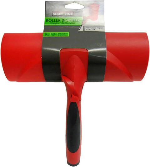 Nine Inch Paint Roller With Integrated Anti Splatter Shield And Heavy Duty Rubber Grip For No Sweat Wall Painting Plus Threaded Socket Attaches To Standard Poles, red color, front view.