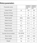 Motor parameters table for Powerful 24V 750W Brushless DC Motor 3000 RPM With Square Flange 80mm Body Length 145mm Model QW80F2H06N30750.