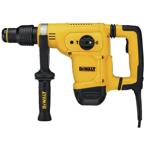 Heavy Duty SDS Max Corded Rotary Hammer Packing 10.5 Amp Motor And 7.1 Joules Badass Impact Energy For Fast Concrete Chiseling And Masonry Drilling With Shock Absorbing Grip That Cuts Vibration Right Out in yellow, side view with handle.