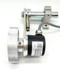 Solid 6mm Shaft Rotary Encoder 600PPR Push Pull Output 5 To 26V DC Power For Precise Length And Distance Measurement Includes Bracket And 300mm Perimeter Aluminum Knurled Wheel, close-up with bracket and knurled wheel visible.