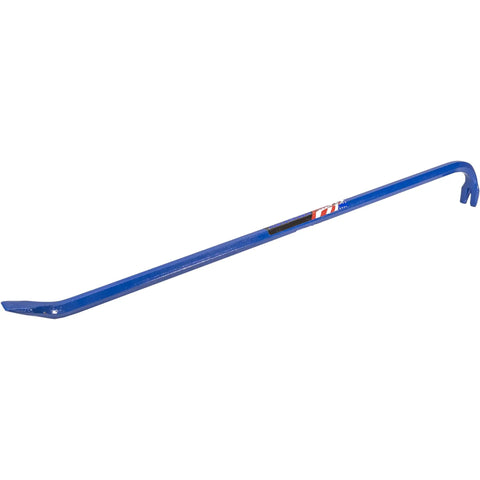 Carpenter Wrecking Bar 30 Inch Pry Bar with rust resistant tempered steel shown with blue finish and gooseneck end for leverage.