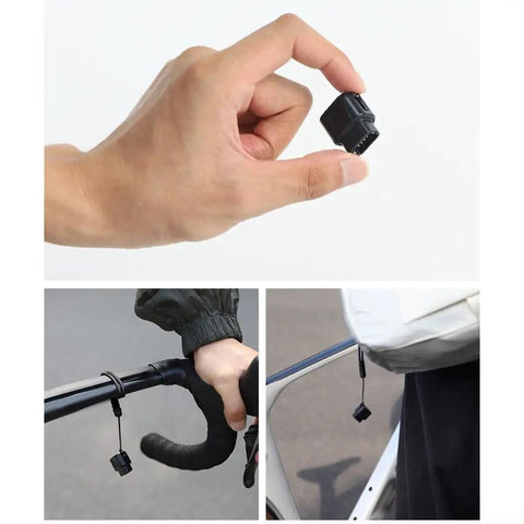 Type C To 4 Pin Rear Derailleur Charger Converter for 12 Speed DI2 Systems shown in hand and hung on bike with lanyard.