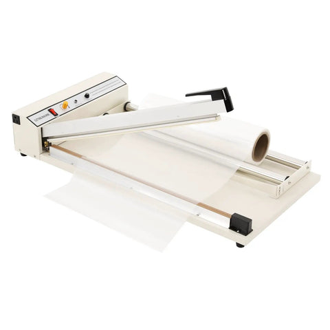 24 Inch I Bar Shrink Wrap Machine With Heat Gun For POF Film Sealing And Cutting, compact design with sealing bar and roll holder.