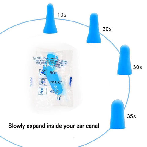 Step-by-step guide showing Bulk Pack Of Two Hundred Premium Foam Earplugs expanding for sound blocking and comfort.