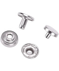 Copper Snap Fasteners Kit For Leather Craft Pro DIY Enthusiasts Eleven Millimeter Metal Buttons Heavy Duty Leather Repair Snaps close-up silver finish