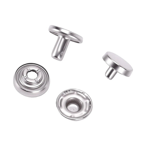 Copper Snap Fasteners Kit For Leather Craft Pro DIY Enthusiasts Eleven Millimeter Metal Buttons Heavy Duty Leather Repair Snaps close-up silver finish