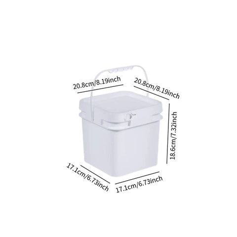 Empty Paint Pail And Food Storage Bucket 5L Lightweight square container with handle and measurements on display