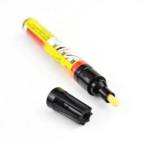 Clear Coat Scratch Repair Filler And Sealer Painting Pen For Cars Easy Light Scratch Fix All Vehicle Finishes Car Coat Applicator Tool Not For Deep Scratches visible with cap off showcasing yellow tip.