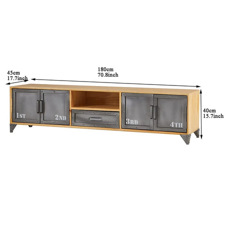 Killer Industrial Solid Wood TV Console With Hella Roomy Storage Drawers Closed Cabinets And Vintage Iron Details, 180cm long.