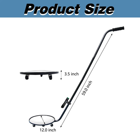 12 Inch LED Lighted Rolling Inspection Mirror With Wheels showing 59-inch reach and 3.5-inch height, side view