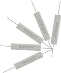 Front view of ten white cement power resistors (10W, 10Ω) with metal leads