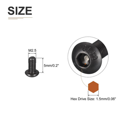 Solid As A Rock M2.5 Carbon Steel Button Head Socket Cap Screws 100 Pack shown with size dimensions and hex drive details.