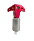 Heavy Duty Spring Loaded Pull Pin With Three Eighth Inch Stems And Slick Red Anodized Aluminum Knobs, 1 inch steel body, designed for quick release.