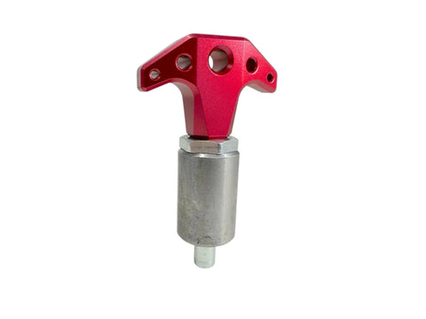 Heavy Duty Spring Loaded Pull Pin With Three Eighth Inch Stems And Slick Red Anodized Aluminum Knobs, 1 inch steel body, designed for quick release.