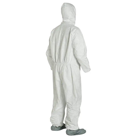 Elastic Cuff Hooded Coveralls With Boots In White X Large 25 Per Carton Durable Protective Disposable Suit For Paint Construction Cleanup Job Site Work Ready Breathable Lightweight Easy On Off