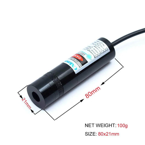 Side view of 520nm focusable green laser line module, 80mm length, 21mm diameter, black metal housing.
