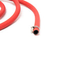 Low Pressure Propane Regulator And 6 Foot Hose Connection Kit For LP LPG Grills Heaters And Fire Pits Ready To Use Five Eighth Inch Unf Outlet 150 Cm Hose Brown Great For Outdoor Grilling Camping Patio And Backyard Barbecues close-up of red hose with clamp