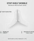 Heavy Duty White Steel Triangular Corner Braces For Wire Shelving To Smash Out Wobble And Hold Tight With Rock Solid Load Bearing Support For Shop Storage Racks One Pack, displaying white metal bracket features.
