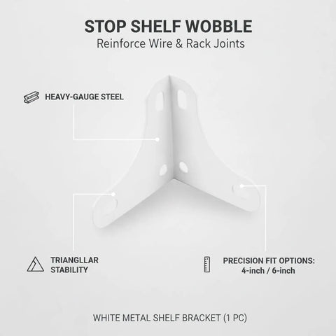 Heavy Duty White Steel Triangular Corner Braces For Wire Shelving To Smash Out Wobble And Hold Tight With Rock Solid Load Bearing Support For Shop Storage Racks One Pack, displaying white metal bracket features.