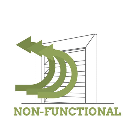Diagram showing non-functional round gable vent design with keystones, 30x30 inches, highlighting airflow direction.