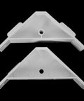 Dead Simple Twelve Piece Set Of Crisp White Plastic Ninety Degree Cabinet Triangle Brackets showing top and bottom view of braces.