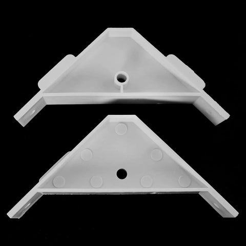 Dead Simple Twelve Piece Set Of Crisp White Plastic Ninety Degree Cabinet Triangle Brackets showing top and bottom view of braces.