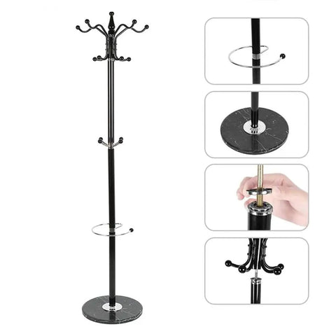 Straight Up Heavy Duty Four Tier Floor Standing Coat Rack With Ten Sturdy Metal Hooks For Bedroom Hallway Wardrobe Closet Organizer showing assembly and sleek design.