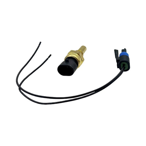Front view of YCUPONE engine coolant temp sensor with pigtail; brass body, black tip, wiring harness