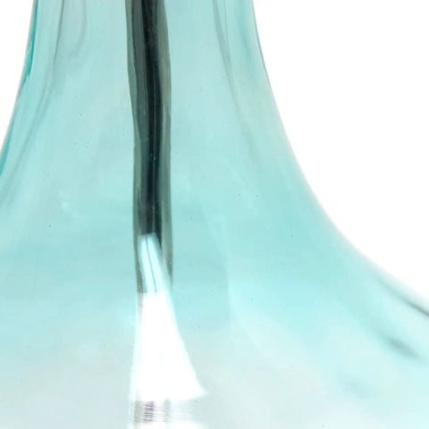 Close-up of sage green dimpled glass base of Modern Sage Green Dimpled Glass End Table With White Fabric Shade Lamp Sleek Bedside Table.