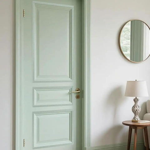 Easy Install 12 Pc Unfinished 3D Wood Trim Molding for Walls Doors Furniture Peel And Stick on a mint green door.