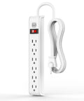 Heavy Duty Surge Protector Power Strip With 6 Outlet Slots And 6 Feet Extension Cord delivering 600 Joules protection in white.