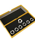 Long Handle Watch Opener Set With 7 Dies Aluminum Alloy Case Wrench 5537 Kit in yellow box, top view of watch back removers