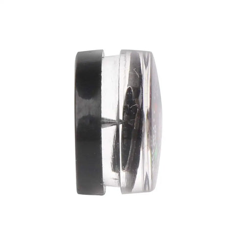 Side view of one Mini Pocket Button Survival Compass from the 20 Piece Set for Hiking Camping. Liquid filled for stable readings.